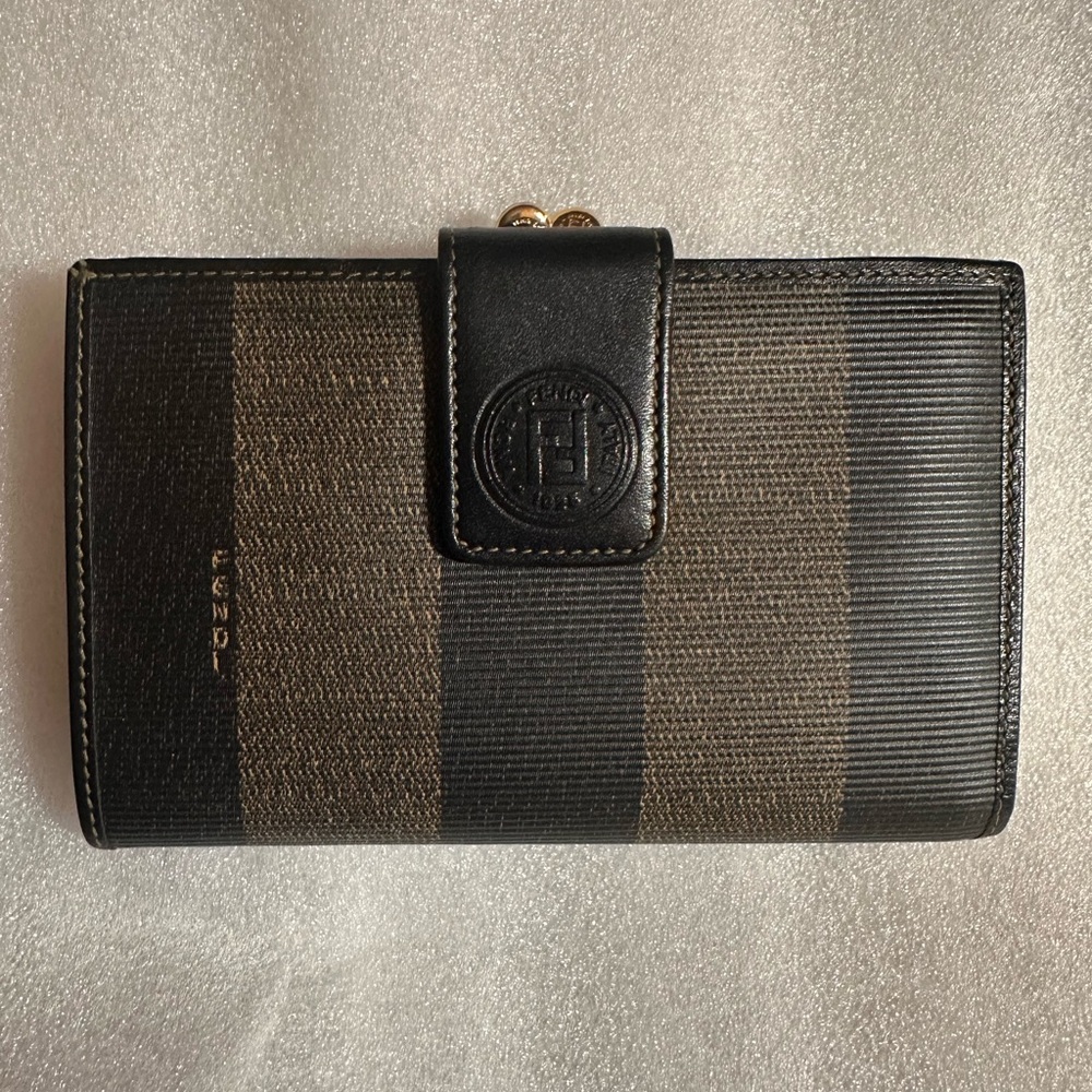 SOLD - Fendi Tobacco Pequin Coated Canvas and black leather Kisslock Wallet